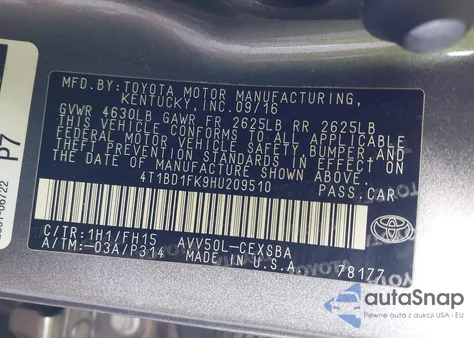 2017 Toyota Camry Hybrid Se from USA, damaged, VIN 4T1BD1FK9HU209510